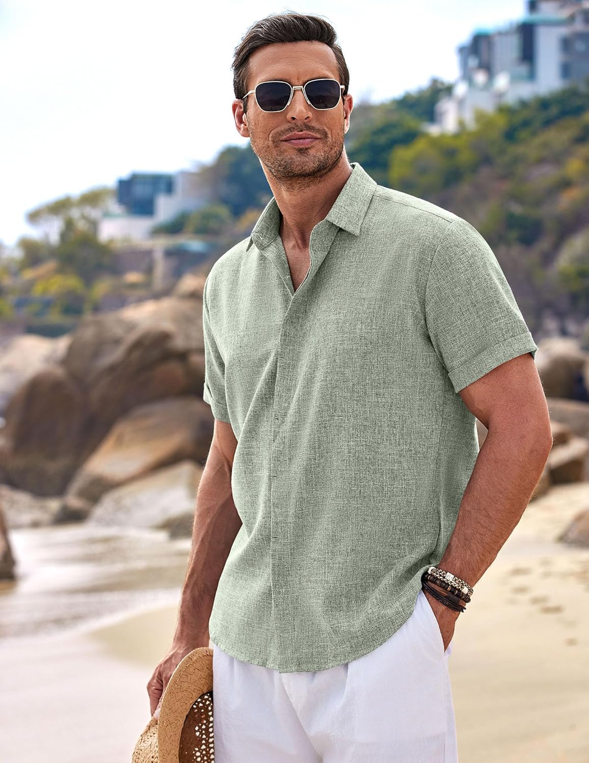 COOFANDY Men’s Casual Button Down Linen Shirt Long Sleeve Lightweight Beach Shirt – White