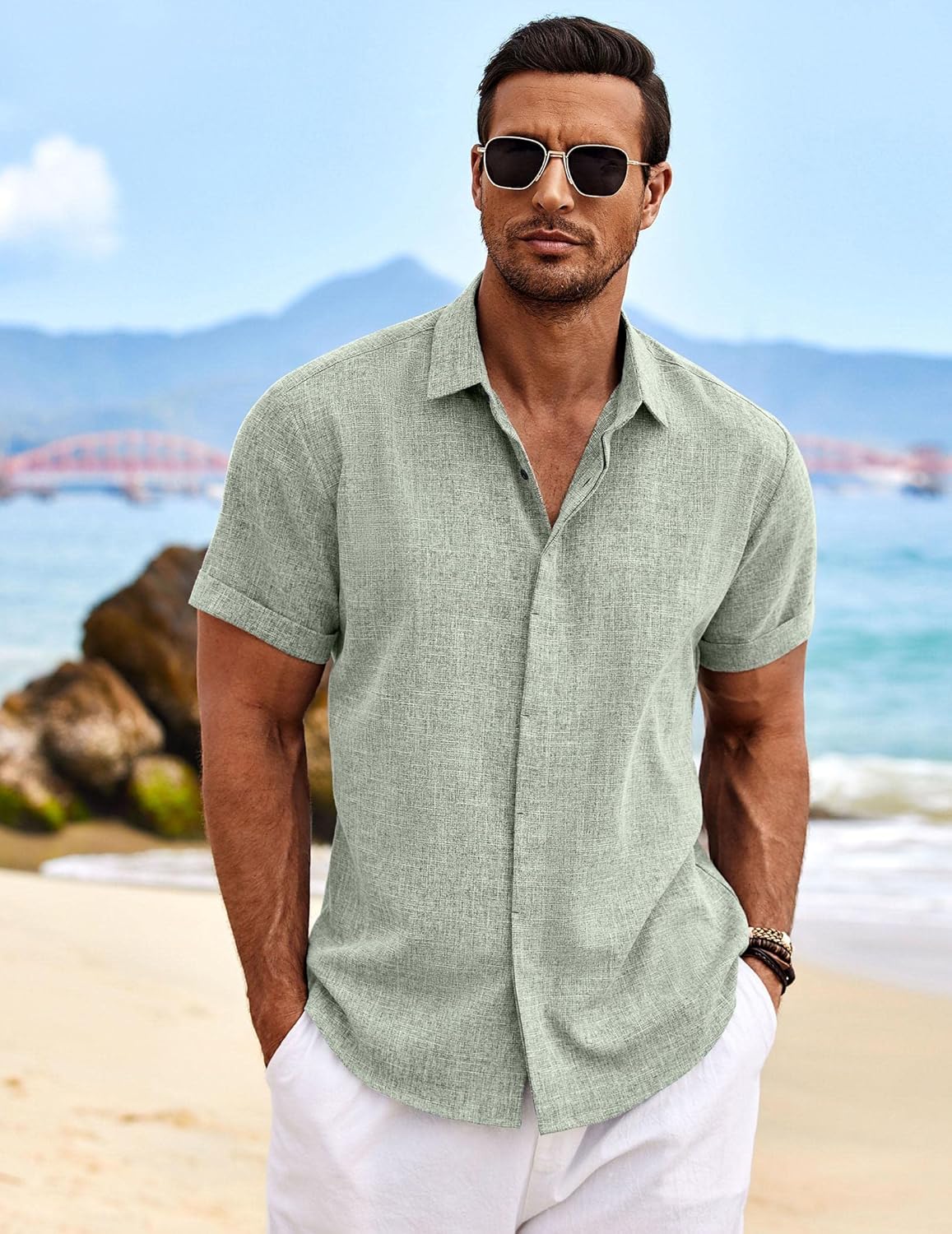COOFANDY Men’s Casual Button Down Linen Shirt Long Sleeve Lightweight Beach Shirt – White